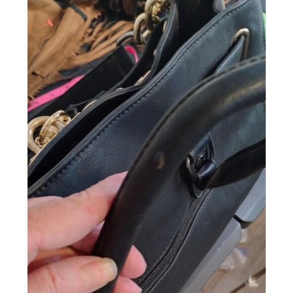 Black Leather Brass Studded Chain and Leather Handles Purse Satchel Tote - Picture 8 of 9